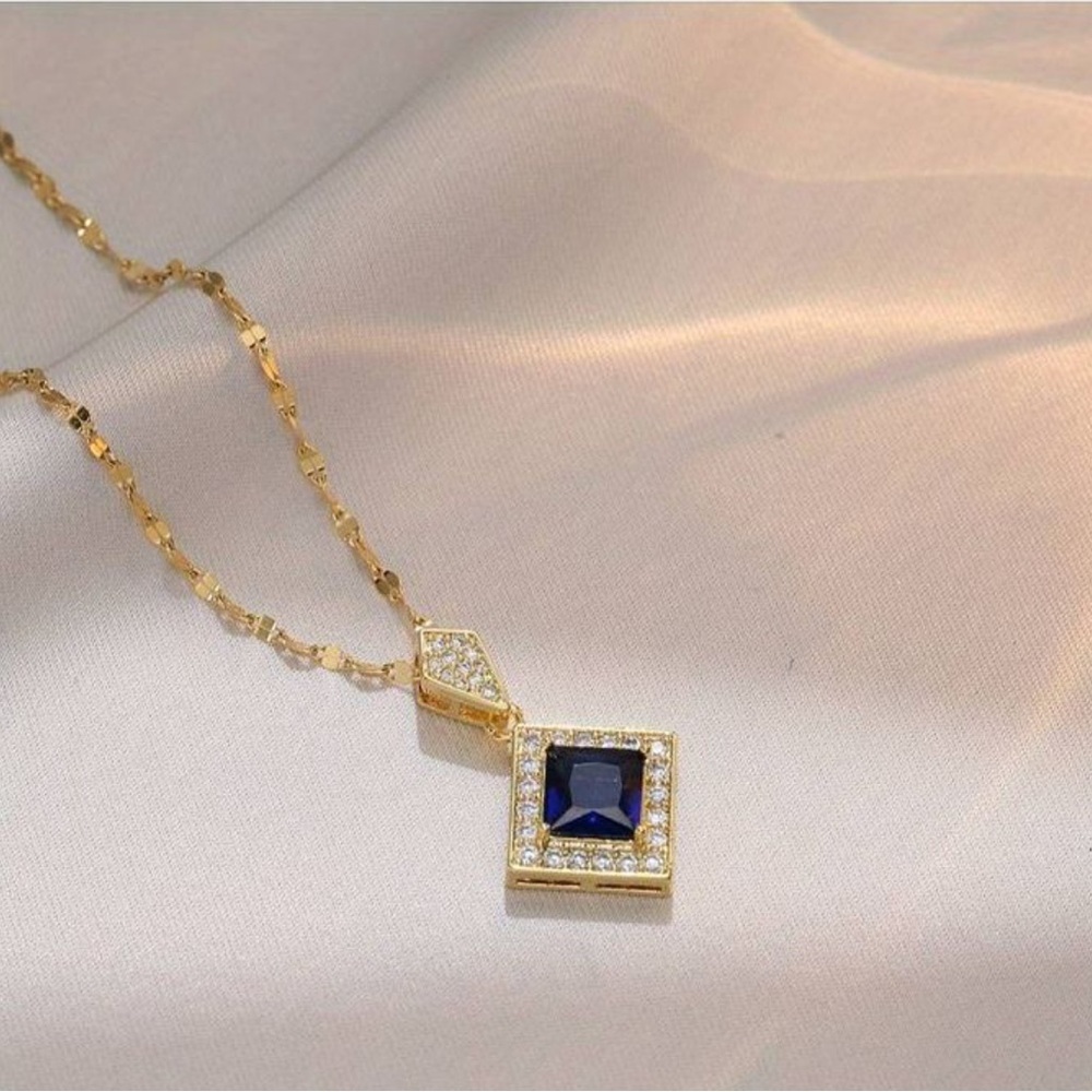 Anthropologie Vintage Square Gold and Blue Pendant Necklace - Picture 6 of 8